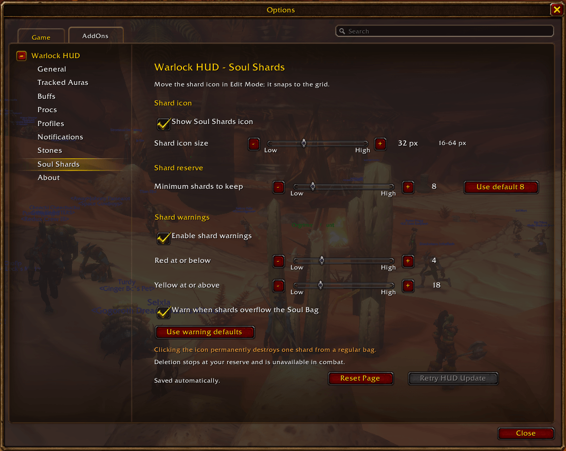 Thumbnail Set the shard icon size, deletion reserve, red and yellow warning thresholds, and optional Soul Bag overflow warning.