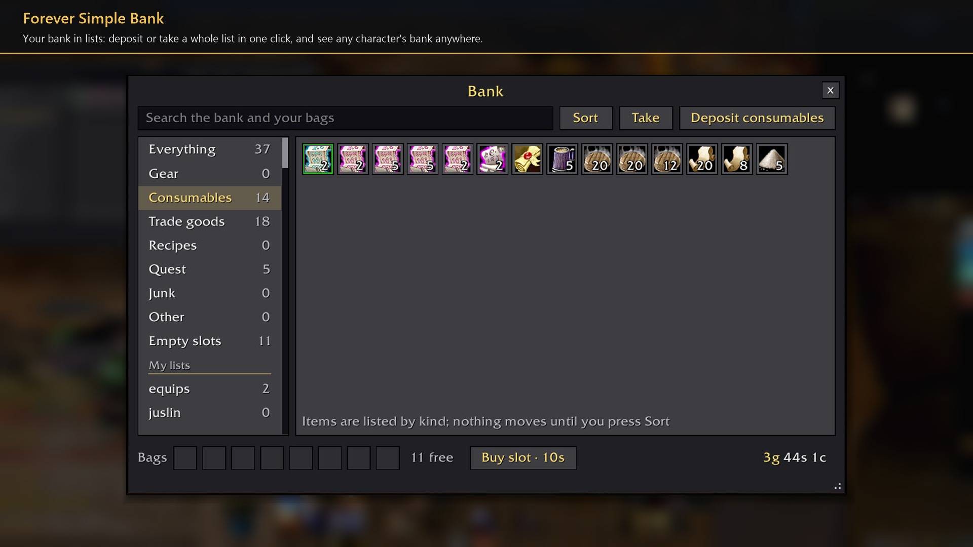 Your bank in lists: deposit or take a whole list in one click, and see any character's bank anywhere.