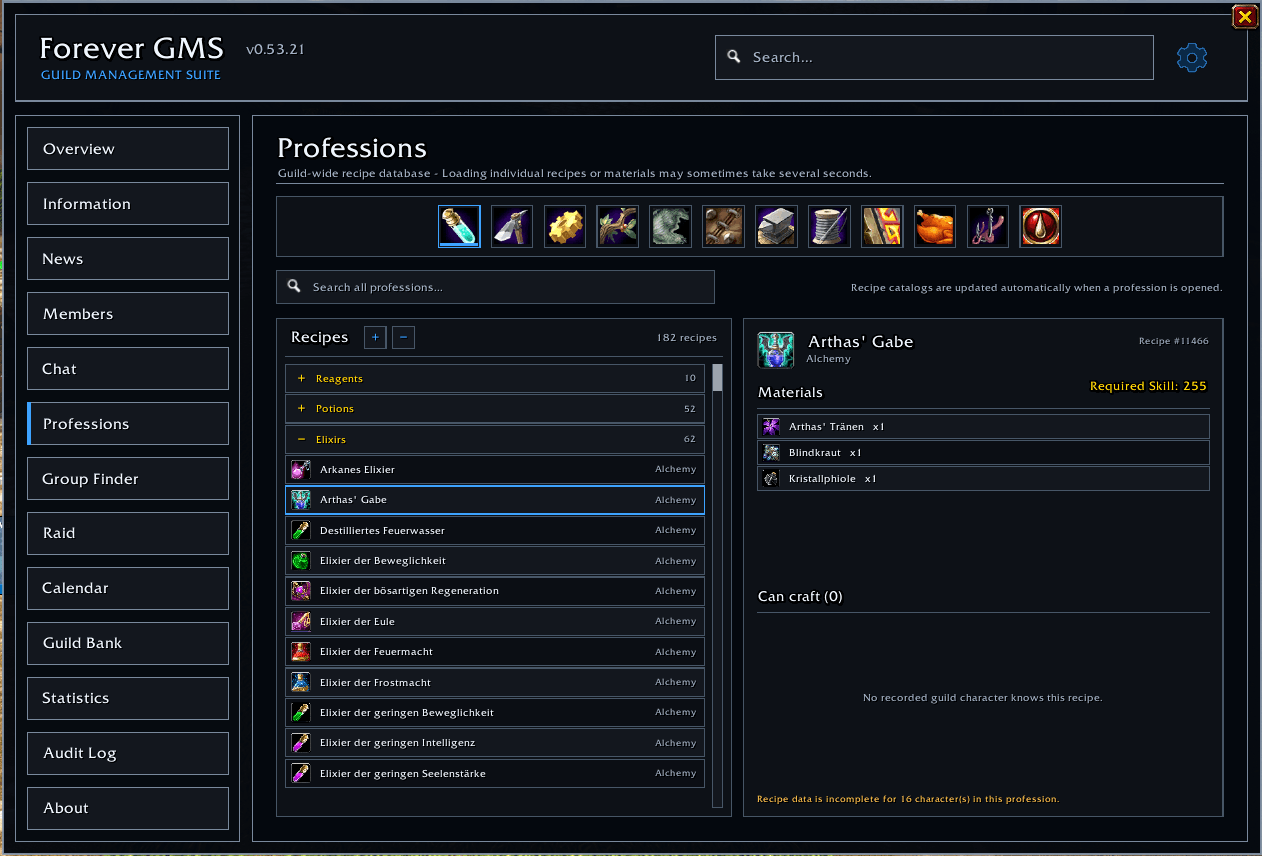 Thumbnail Fully imported recipe list (Over 2000). Check recipes, materials, skill and see who in the guild can craft it.