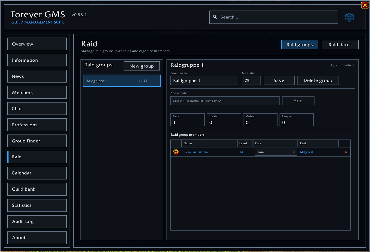 Thumbnail Create Raid groups, set raid dates for every group and let players choose their role and accept or decline the raid