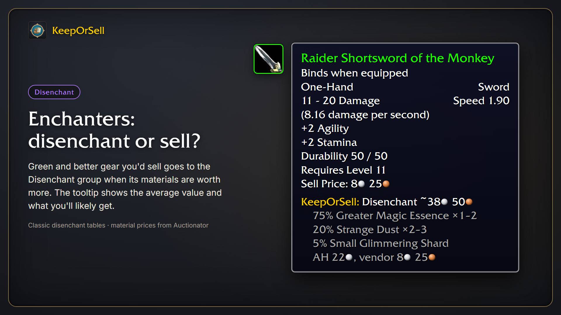 Thumbnail For enchanters, green and better gear goes to the Disenchant group when its materials are worth more than the vendor or the auction house pays. The tooltip shows the average value and the likely materials.