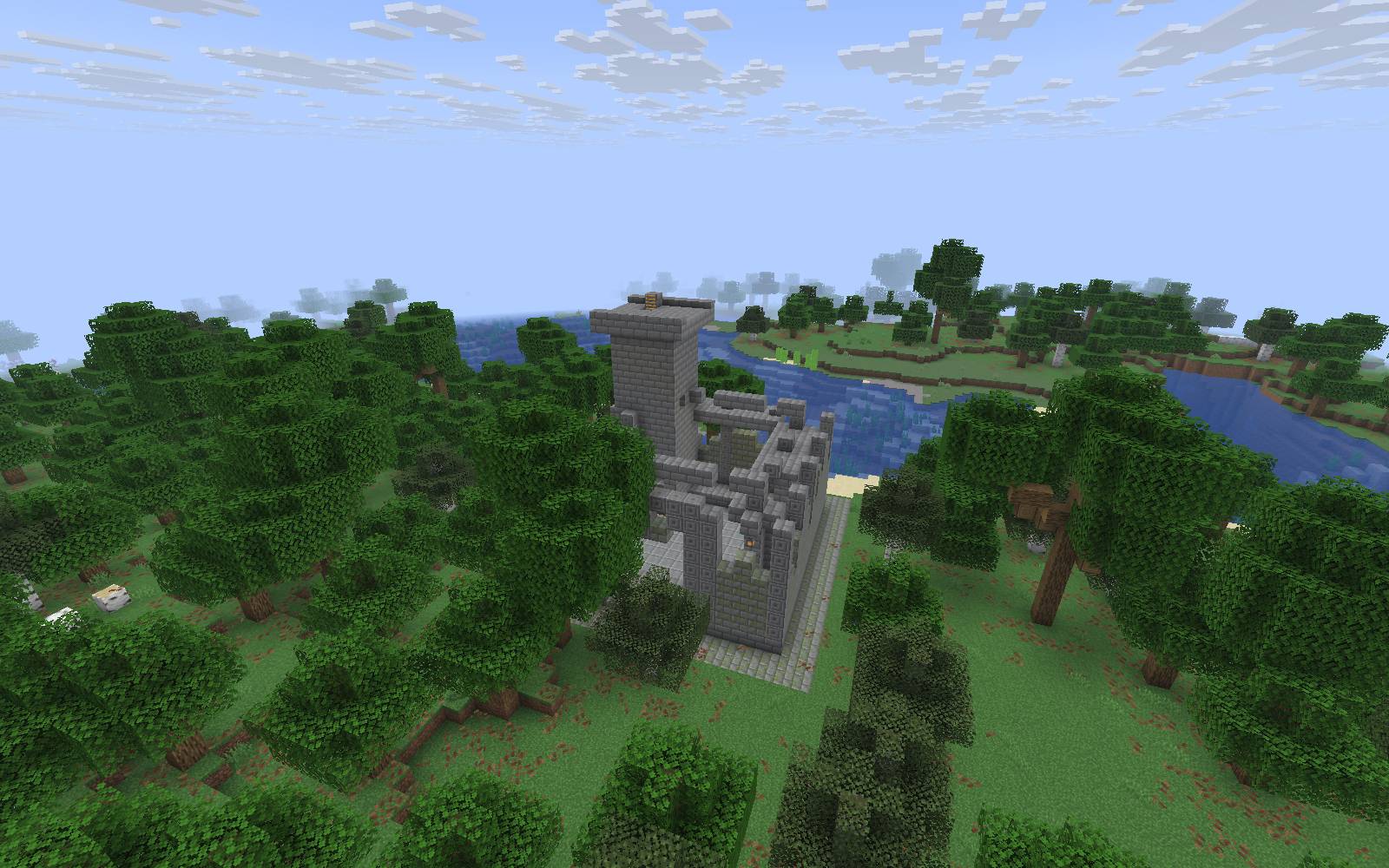 Thumbnail Naturally generated ruins in a fresh world. The sealed treasure is underground beneath solid cover; omen stone marks an excavation clue.