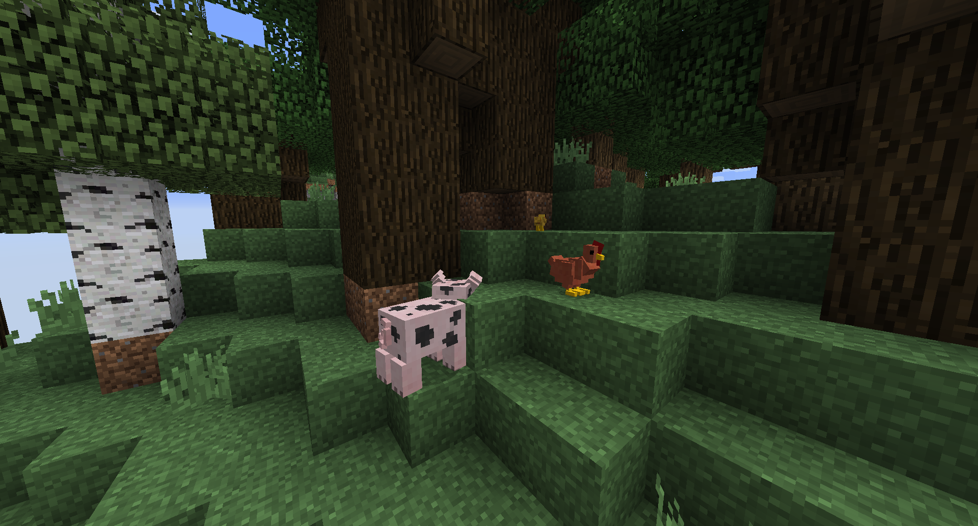 Pig and chickens in a roofed forest