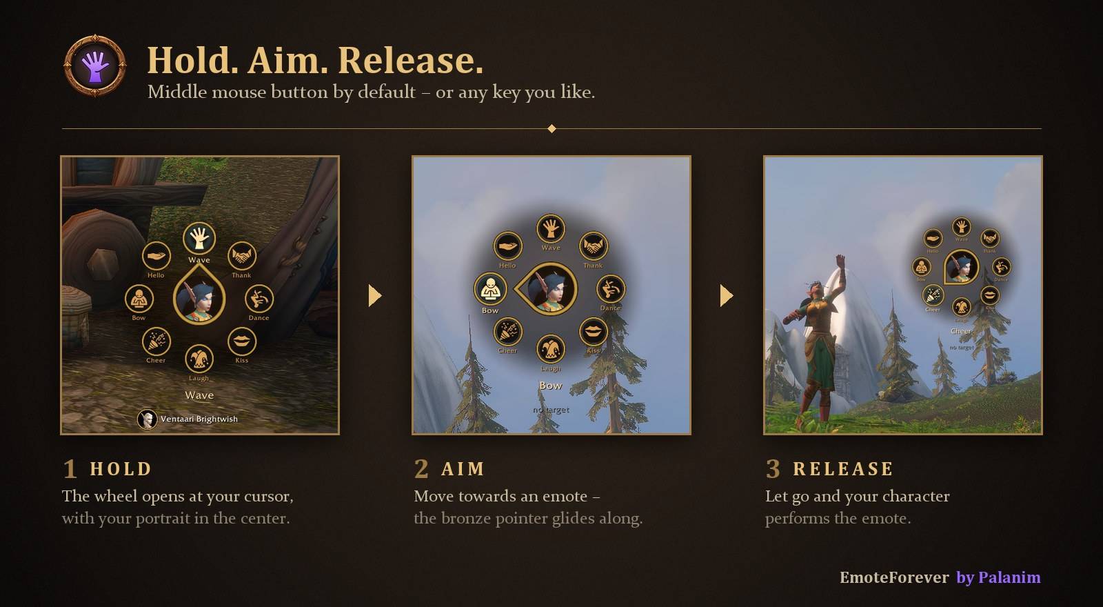 Hold your key, move towards an emote and let go – your character performs it