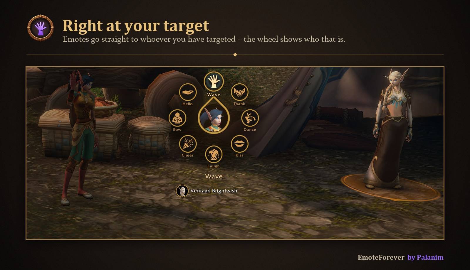 Emotes go to your target; the wheel shows who that is