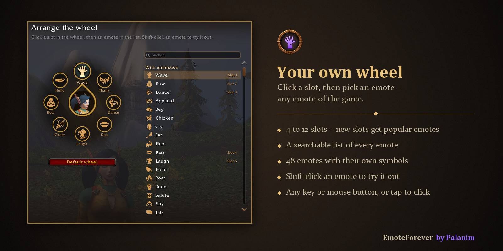 4 to 12 slots, any emote of the game, in a searchable editor