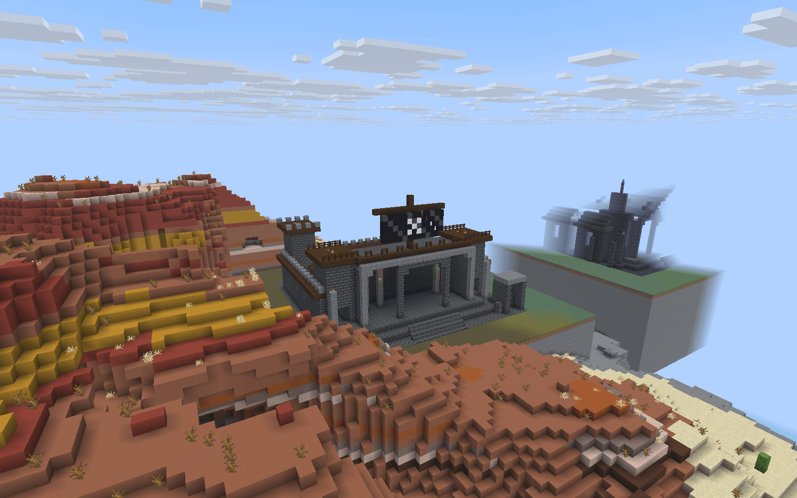 Thumbnail Four watchtowers, a walled courtyard, side galleries and the captain's flag above a concealed Wager Arena. The structure is placed on a prepared display site.