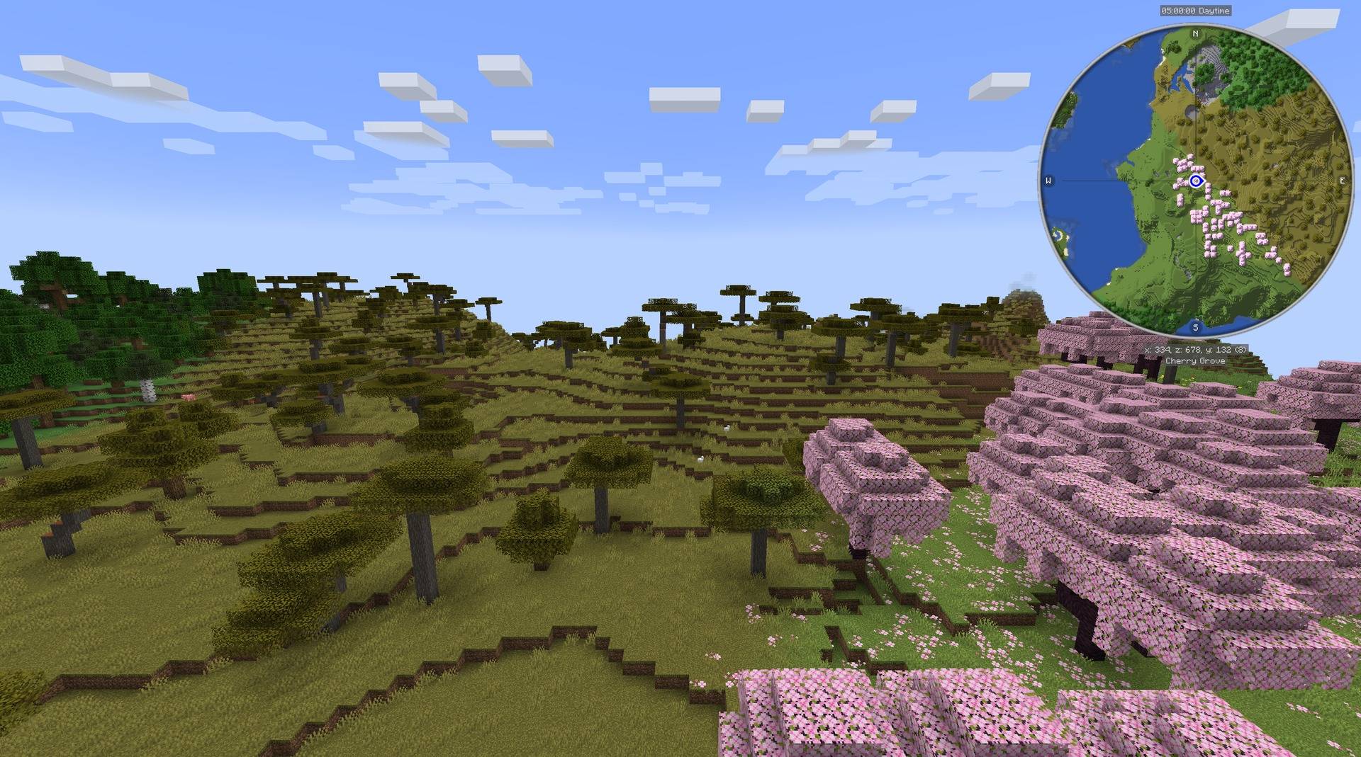 Thumbnail JourneyMap with no add-on shape selected: its own circular minimap, shown over a cherry grove coastline.