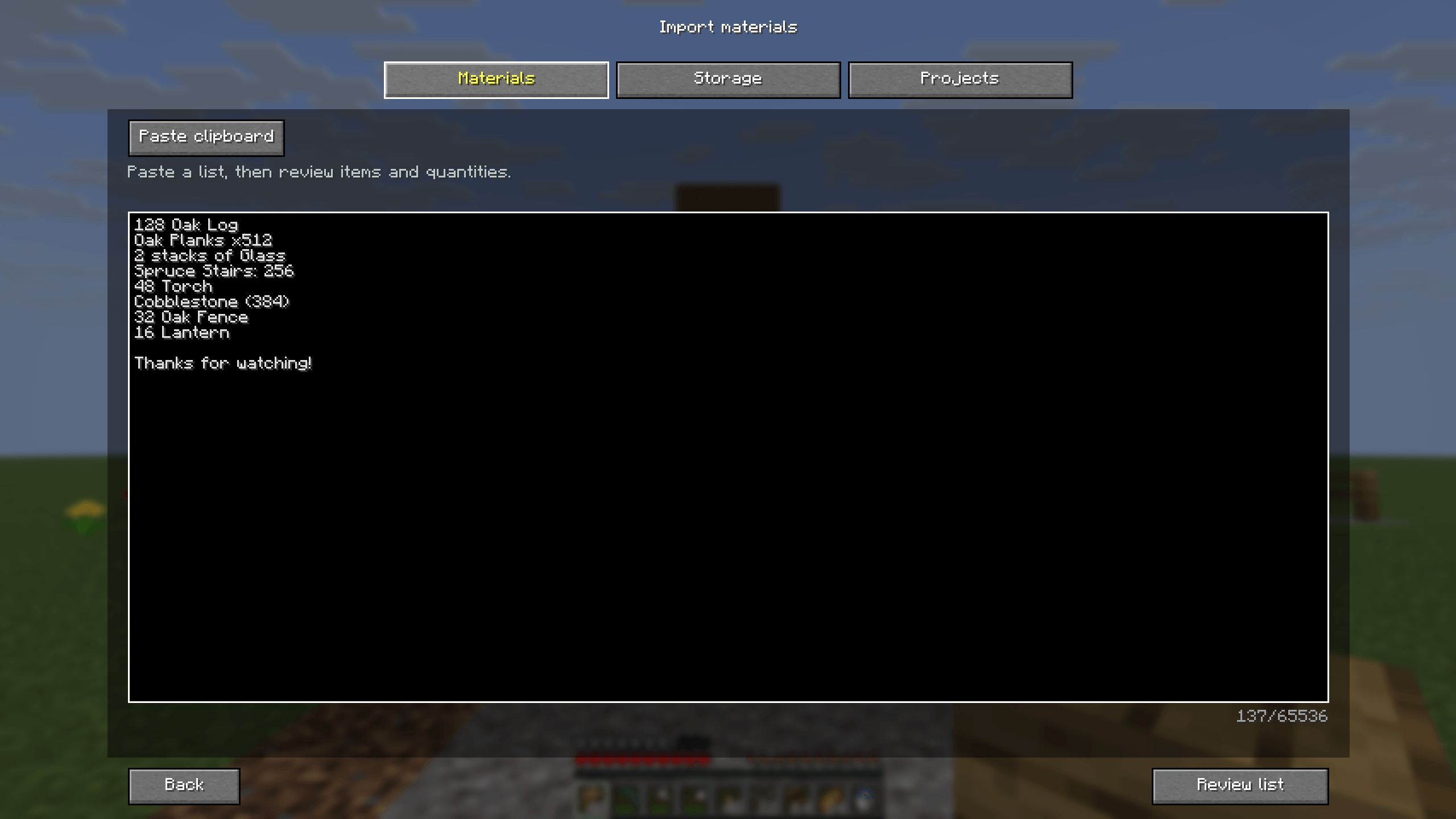 Thumbnail Paste ordinary text from a video description or build guide. Names, item IDs, counts and stacks can be reviewed before anything changes.