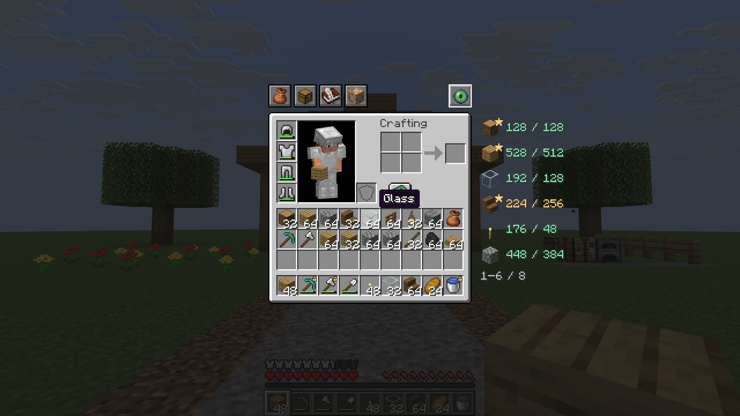 Thumbnail Minecraft item icons, pinned hotbar slots, material priorities and inventory totals sit beside the vanilla survival inventory.
