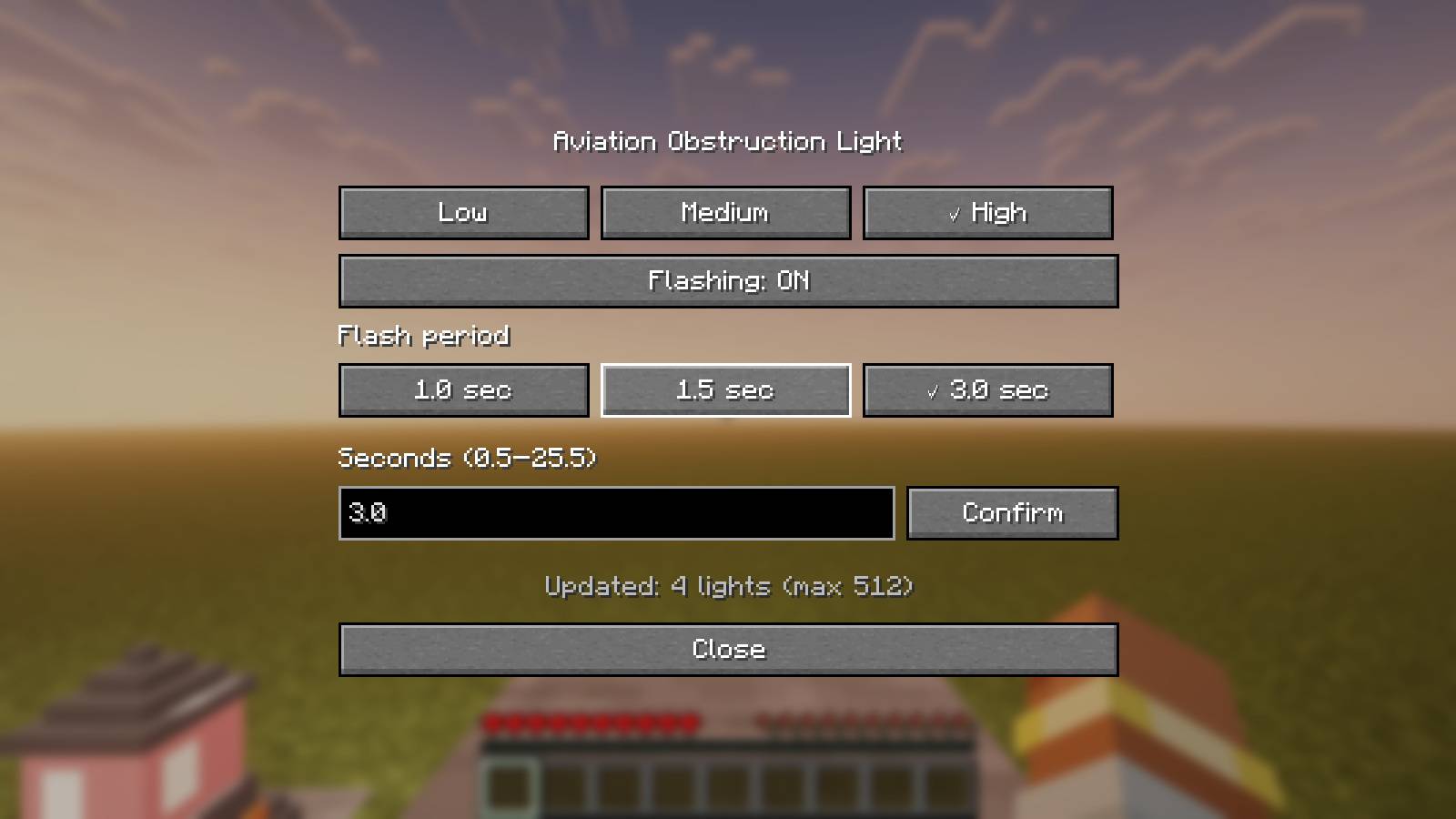 Thumbnail Brightness, flashing, period presets, custom period and connected-light count. / Minecraftの英語設定に自動追従する設定画面。