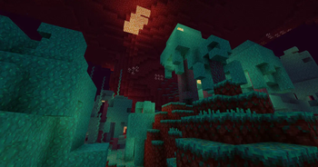 Thumbnail Each Nether biome has its own colours: teal warped blocks against the red cave ceiling, with glowing blocks above.