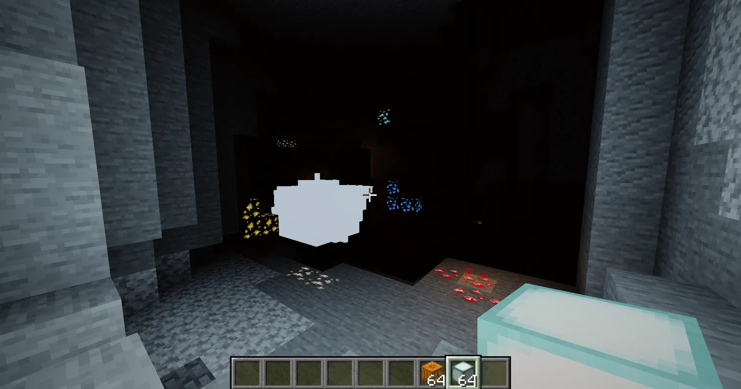 Thumbnail A sea lantern in your hand lights the area in a bright, cool blue-white.