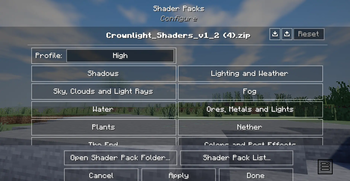 Thumbnail Clean menus with Low, Medium, High and Ultra profiles, plus settings for shadows, lighting, sky, fog, water, ores, plants, the Nether and the End.