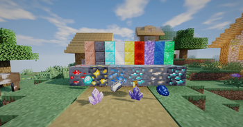 Thumbnail Ores that glow in their own colours, shiny metal and gem blocks, and sparkling items like diamonds, amethyst and lapis lazuli.