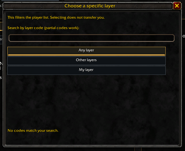 Filter discovered players by layer within your current zone, or search by full or partial copy code. Selecting a filter does not change your layer.