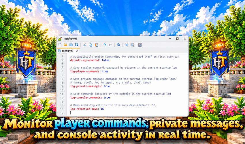 Configure default spy behavior, command logging, private-message logging, console logging, and audit-log retention directly from the YAML configuration file.