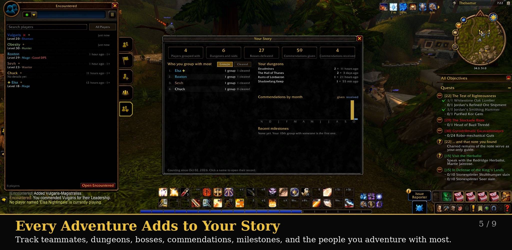 Your Story gives you a broader look at your journey. Track players grouped with, dungeons and raids completed, bosses defeated, Commendations given and received, frequent teammates, milestones, and more.