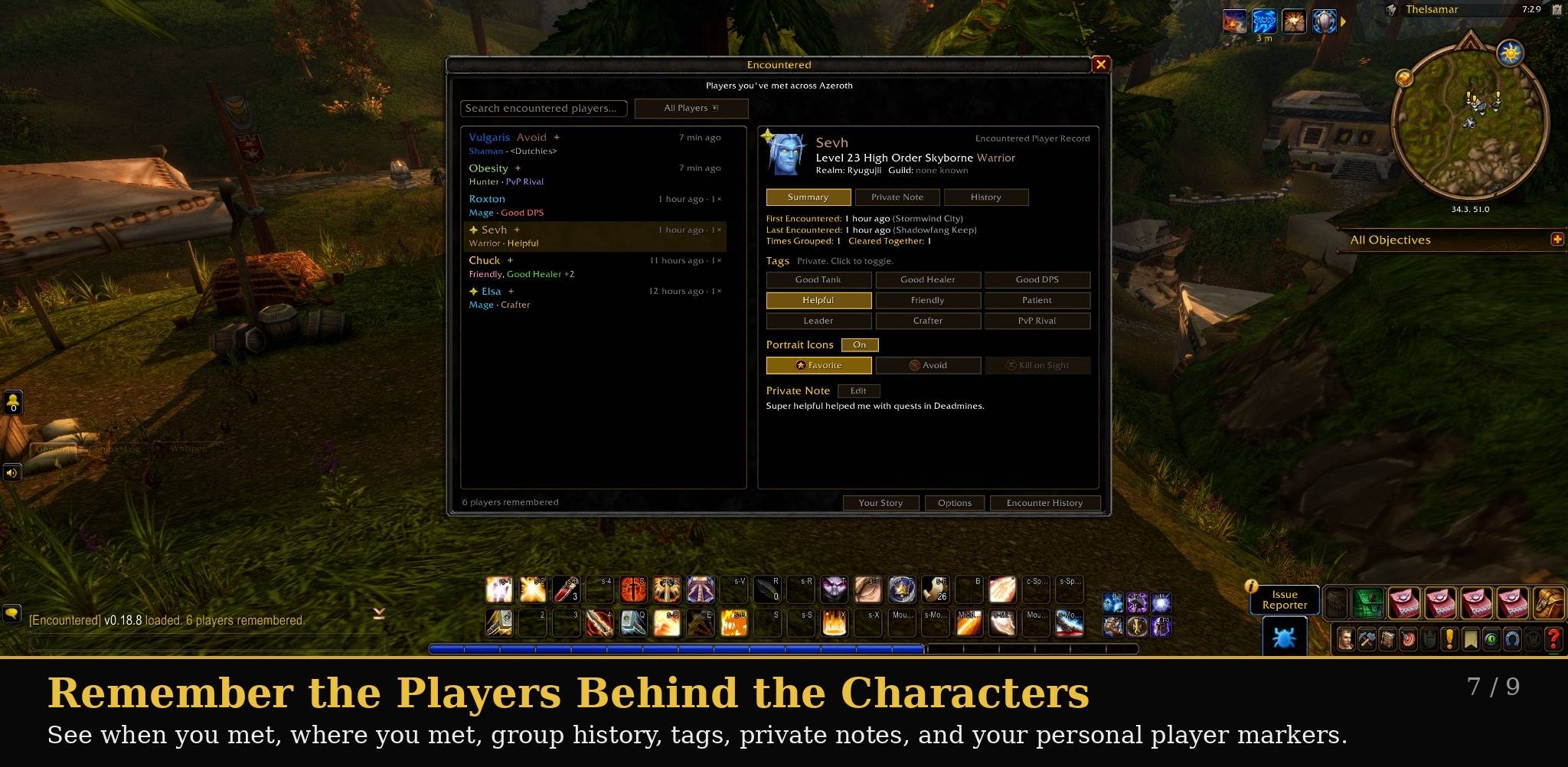 Open a player’s Encountered record to see when you first met, where you last encountered them, how many times you’ve grouped together, your tags, private notes, and personal markers like Favorite, Avoid, or Kill on Sight.