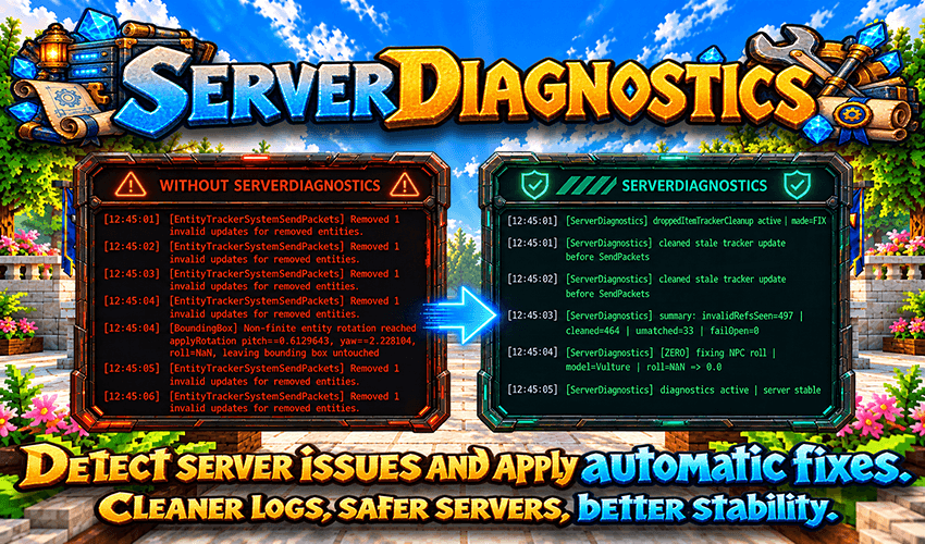 Compare noisy server errors with ServerDiagnostics actively detecting invalid updates and applying targeted fixes for a cleaner, more stable server.