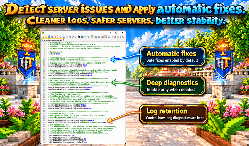 Fine-tune automatic fixes, optional deep diagnostics, and log retention directly from the ServerDiagnostics configuration file.