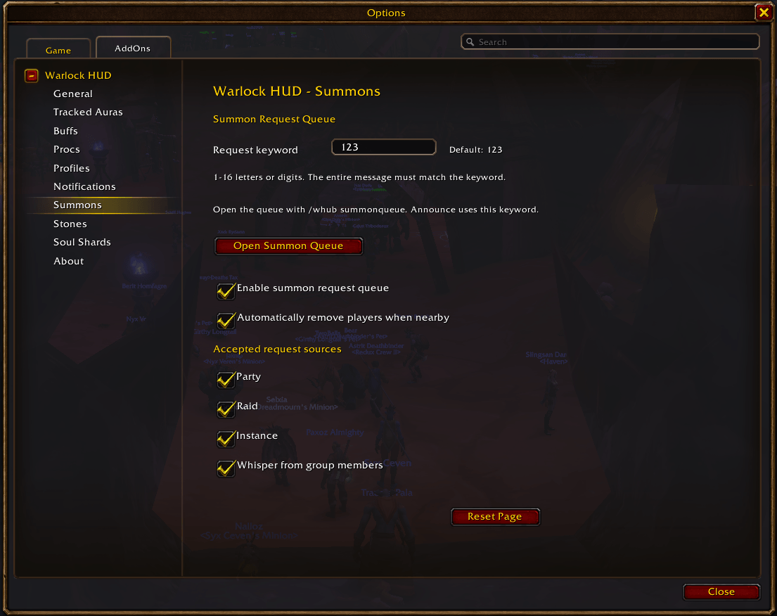 Thumbnail Set the request keyword and accepted chat sources, enable nearby removal, and open the summon queue window.
