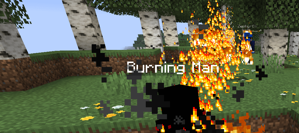 An image showing the Burning-Man attacking a Player-Mob.