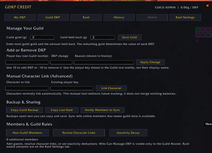 Thumbnail In-game officer tools for managing guild gold, adjusting DKP, linking characters, saving backups, adding non-guild members and configuring inactivity decay. Screenshot from an earlier release; some labels have since been improved.