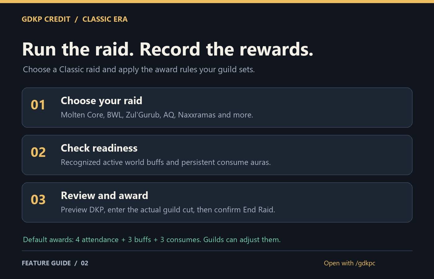 Thumbnail Choose a Classic raid, check active world buffs and consumes, then review awards and enter the actual guild cut. Award amounts are configurable by your guild. Feature guide, not a game screenshot.