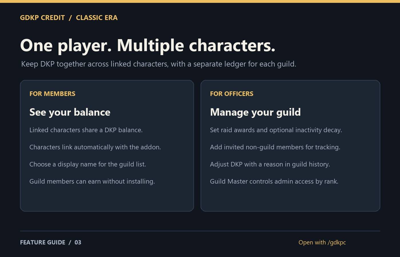 Thumbnail Share DKP across linked characters. Members view balances; officers manage awards, guests, decay and history. Guild Master controls rank access. Automatic character linking requires the addon. Feature guide, not a game screenshot.