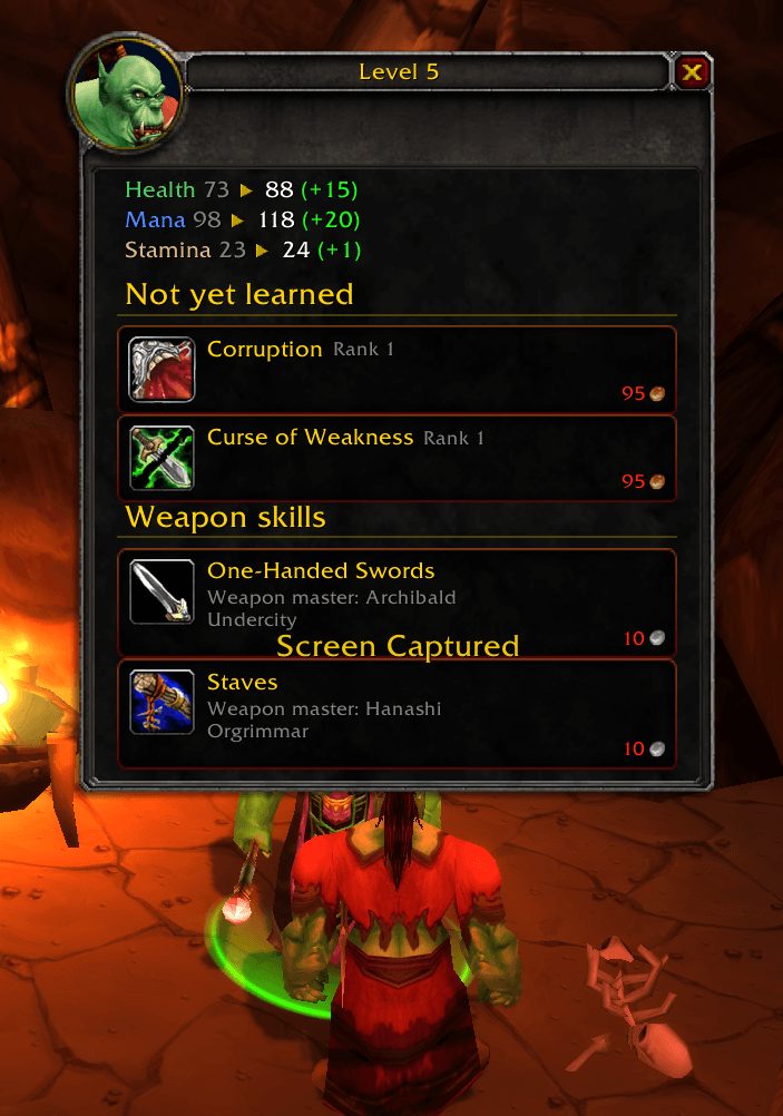 Thumbnail Weapon skills at level 5 - Spells you haven't learned yet, plus weapons you can train and which weapon master teaches them, and in which city. Prices turn red when you can't afford them.