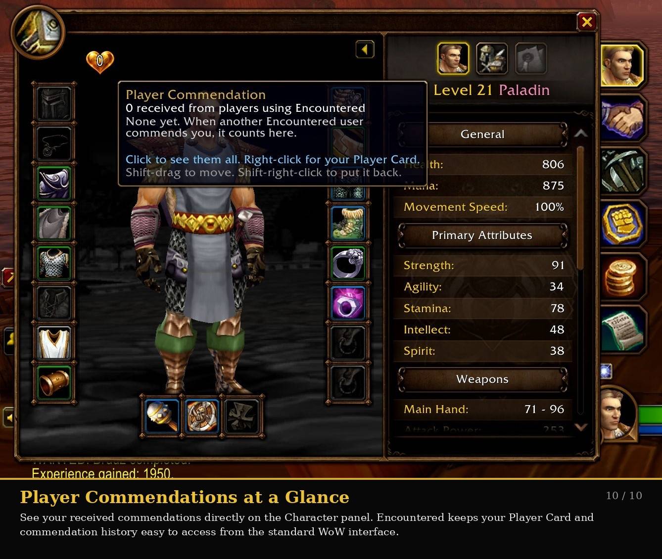 Thumbnail See your received Commendations directly on the WoW Character panel. Encountered keeps your player reputation, Commendation history, and Player Card easy to access from a familiar part of the game UI.