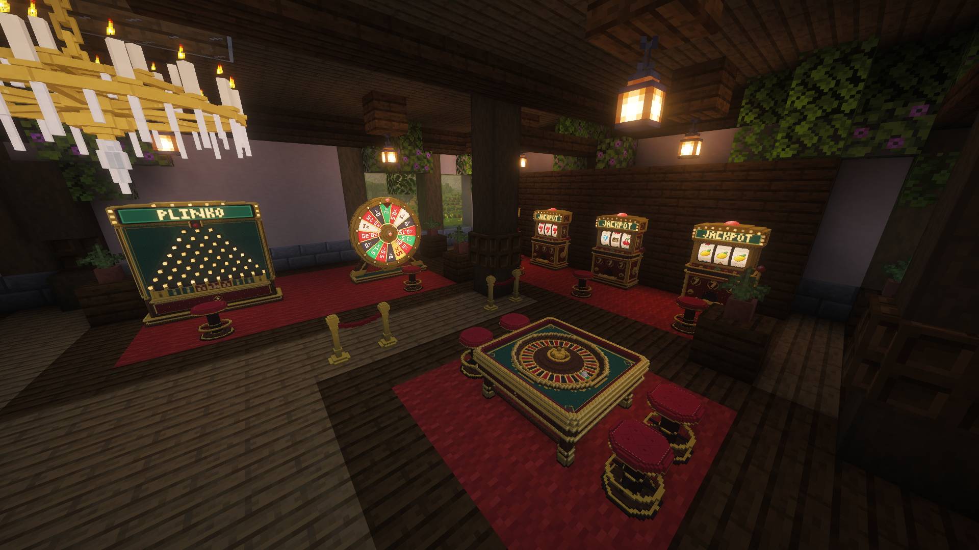 Thumbnail Enjoy a cozy Minecraft casino featuring slot machines, Plinko, roulette, and detailed decorations in a warm, immersive atmosphere.