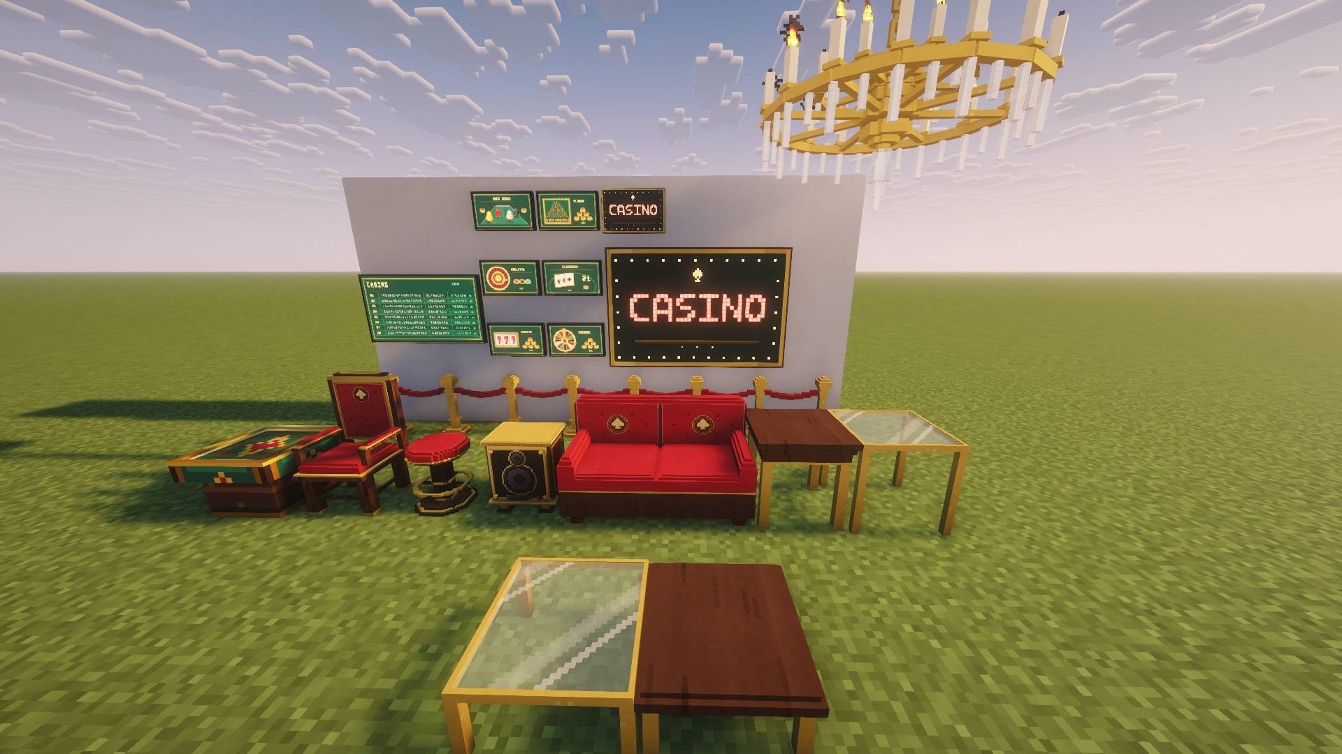 Thumbnail Decorate your casino with a variety of themed furniture and decorations, including neon signs, chandeliers, sofas, tables, barriers, and more!