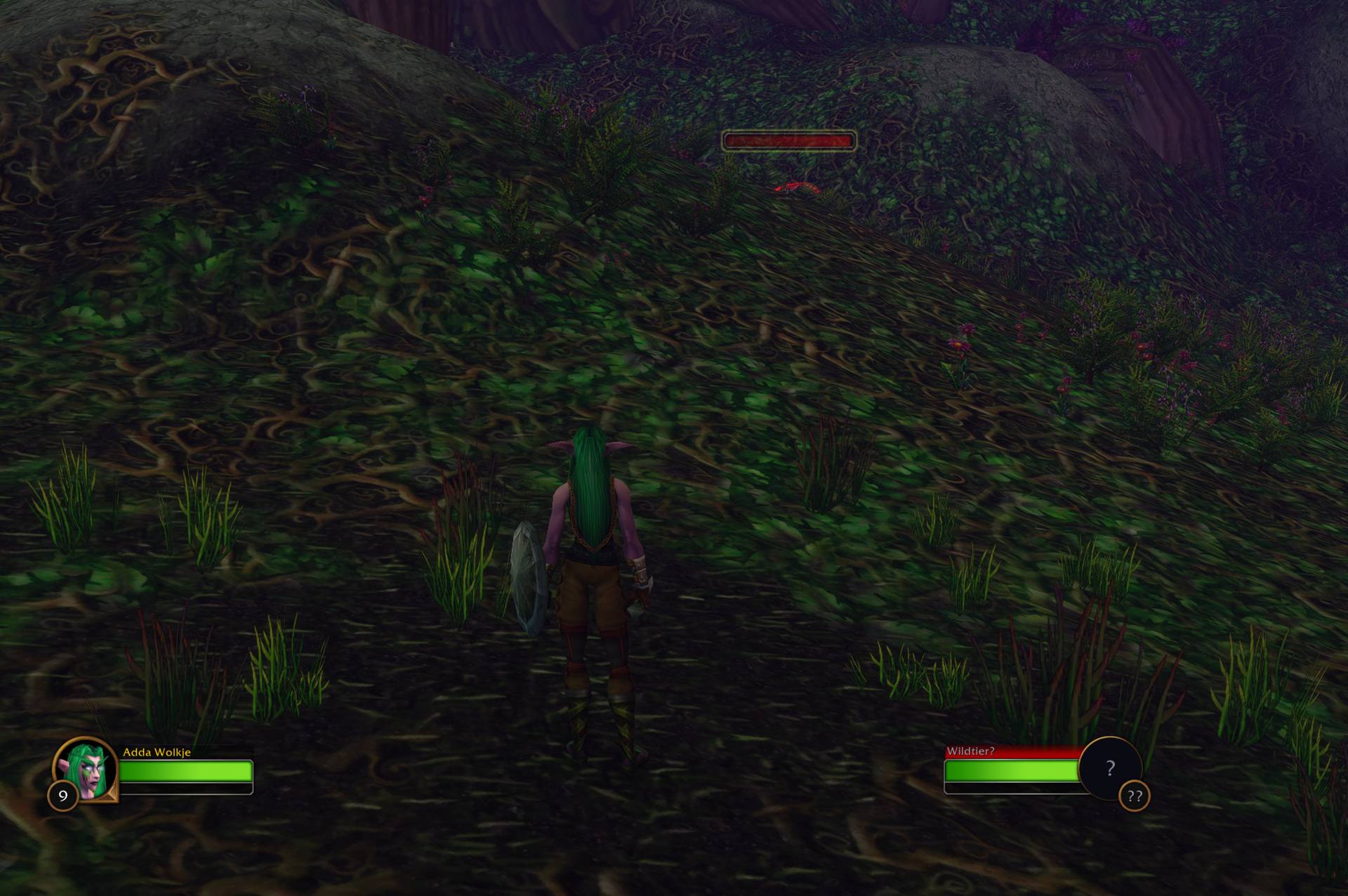 Thumbnail An unknown creature at mid distance: a faint nameplate without a name, and the target frame only shows "Beast?" with a hidden portrait and level.