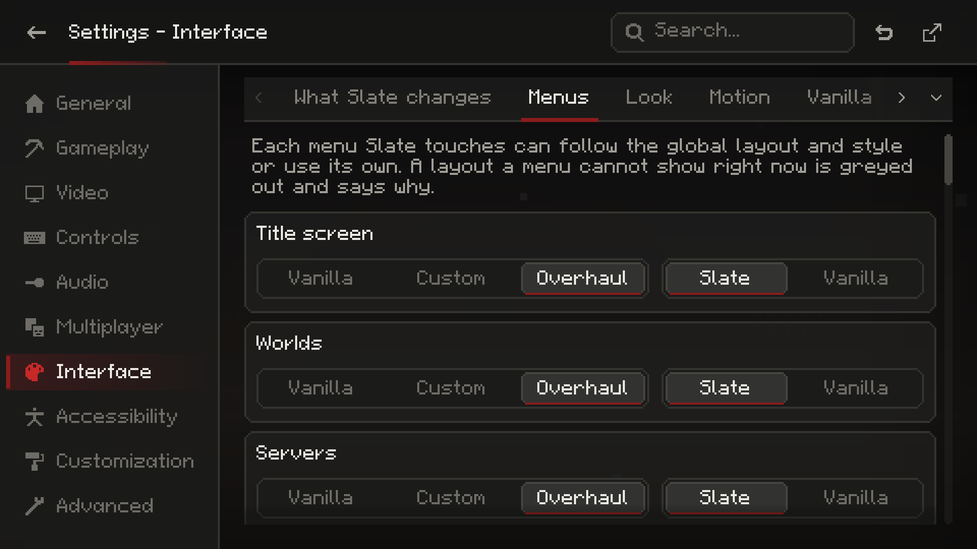 Menus list: layout and style per menu