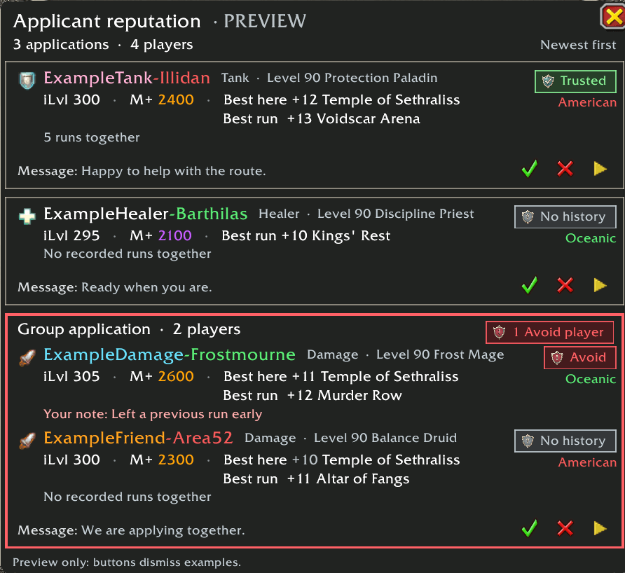 Thumbnail Trying to form a group. you will be presented with all the information you would normally get in the offical ui menu but instead you will now see if you marked them as Avoid, Trusted or netural.