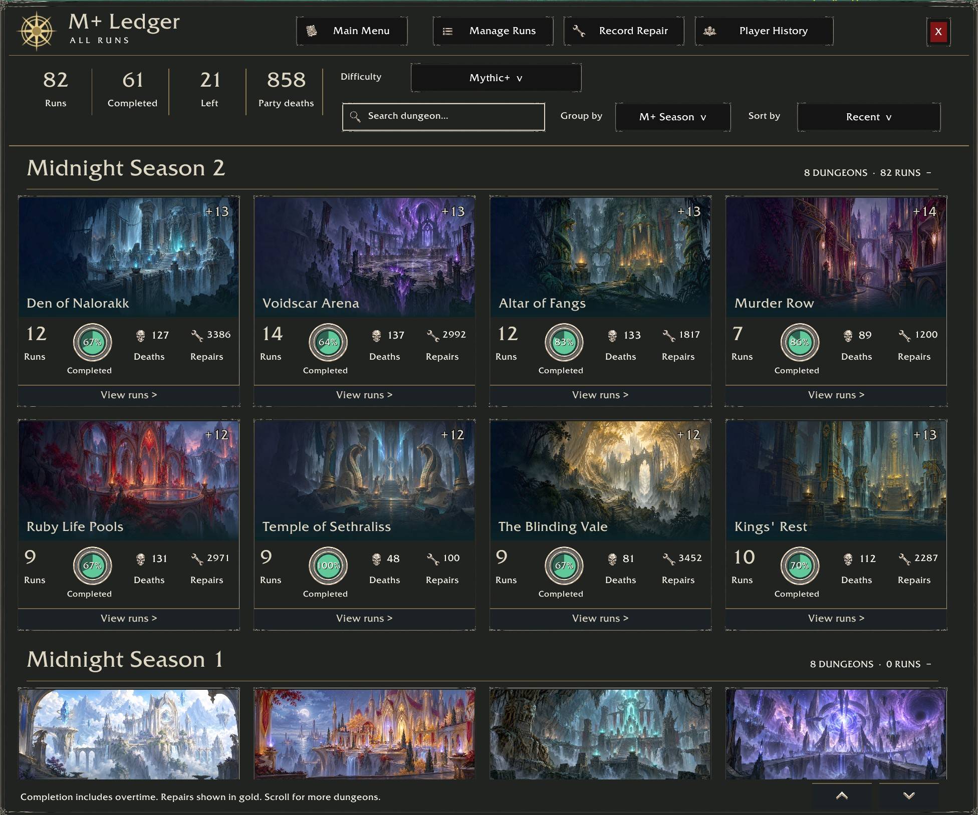 Thumbnail Ledger or all your dungeons, progress and shows you all the runs from past sesons.