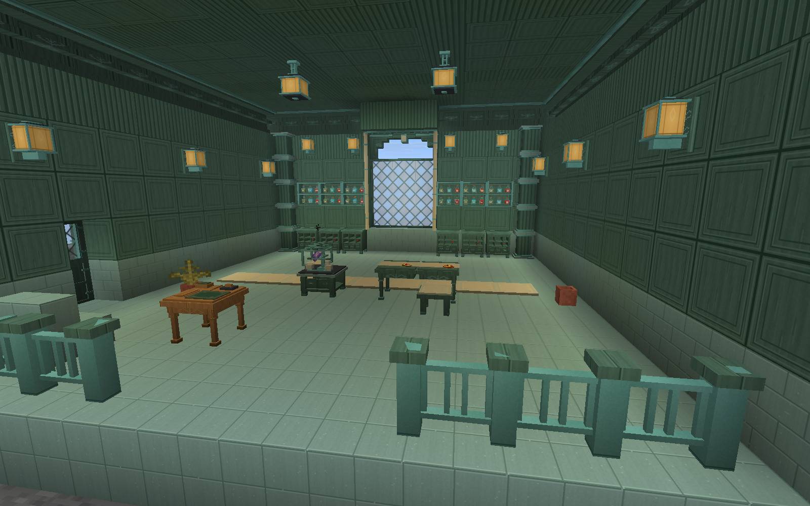 Thumbnail A coordinated apothecary with real colored potions, botanical storage, glass displays and warm lighting. Actual Minecraft gameplay, without shaders.