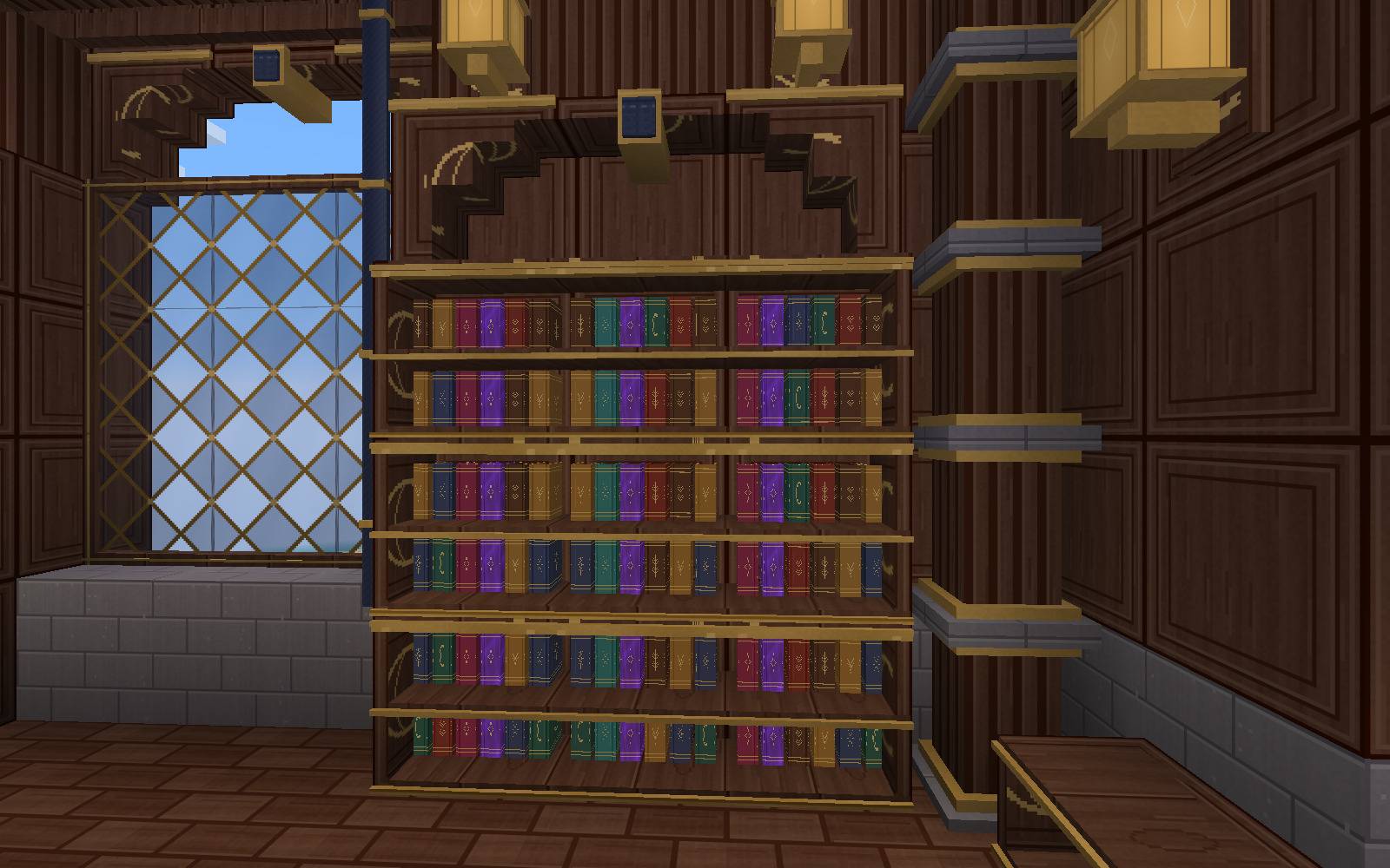 Thumbnail Adjacent shelves connect visually while keeping separate inventories. Every visible book is a real stored item that you can retrieve. Actual Minecraft gameplay.