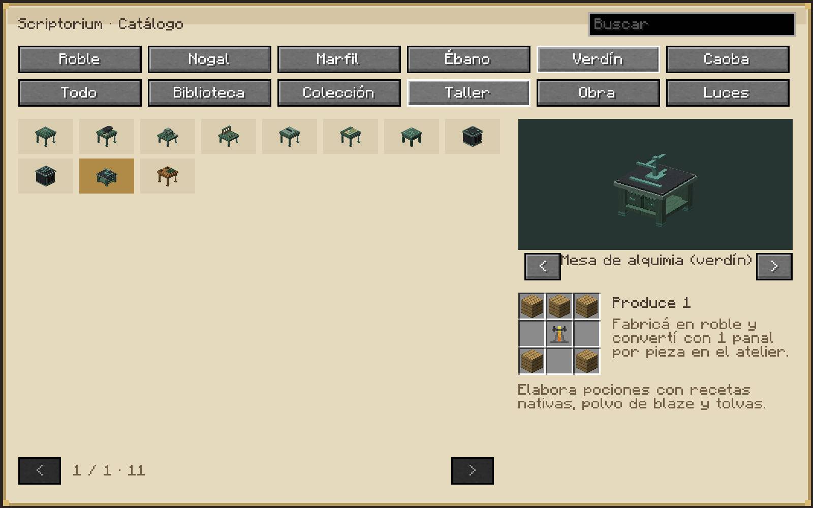 Thumbnail Browse 69 families with categories, ingredients, output counts and rotating model previews in the finishing atelier. Actual in-game interface.