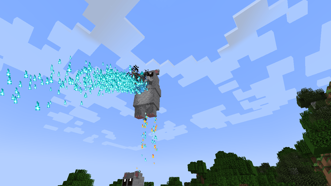 Thumbnail Hovering on its jetpack, the Hamster Robot blasts a grabbed mob with its blue core flame.