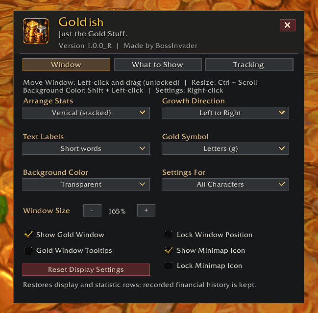 Customize window layout, size, colors, labels, and account-wide or per-character settings.