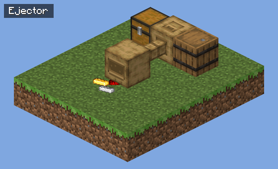 An Ejector plugged into an Inventory Cable that leads to a connector, with dropped items in front of it.