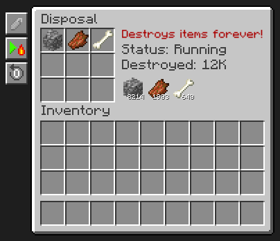 The Disposal screen: warning, status, total and the three most destroyed items. The numbers are an example. Buttons on the left: Exact, Pause / Start, Reset.