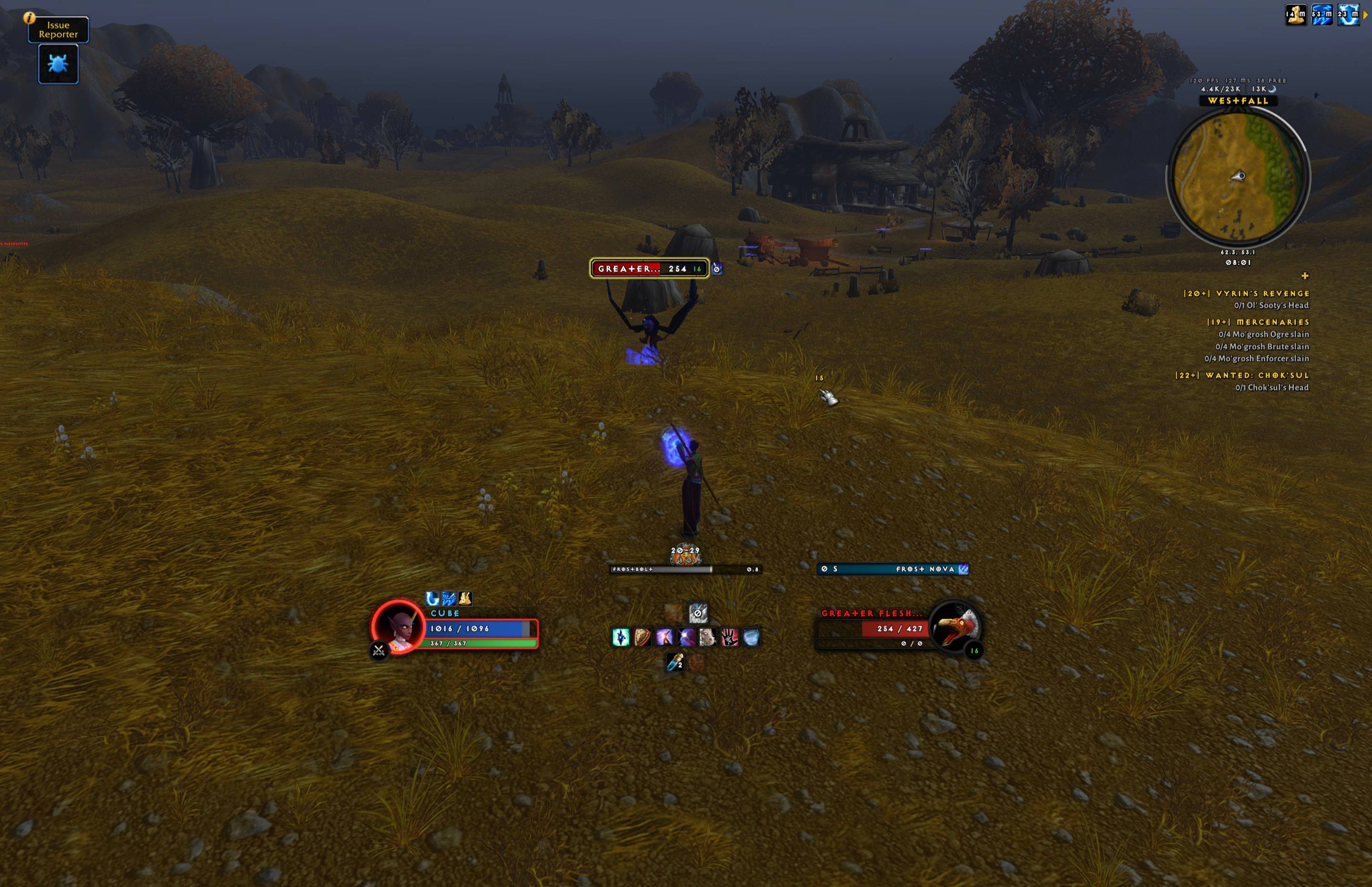 The whole screen in a fight: frames, cast bars, range, cooldown rows, supplies, nameplate, minimap and quest tracker