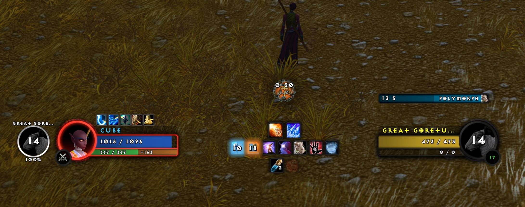 Frames and the centre column: a Polymorph timer on the target, your shield’s amount on the health bar, your pet.