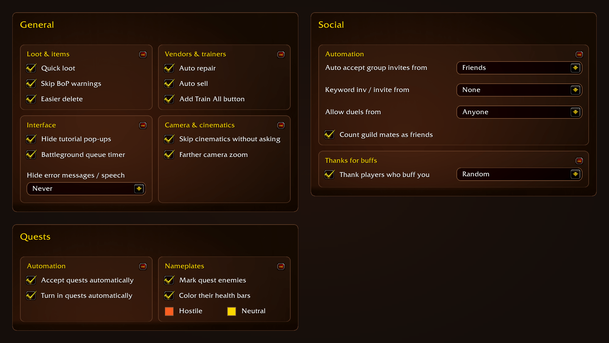 General, Quests and Social options