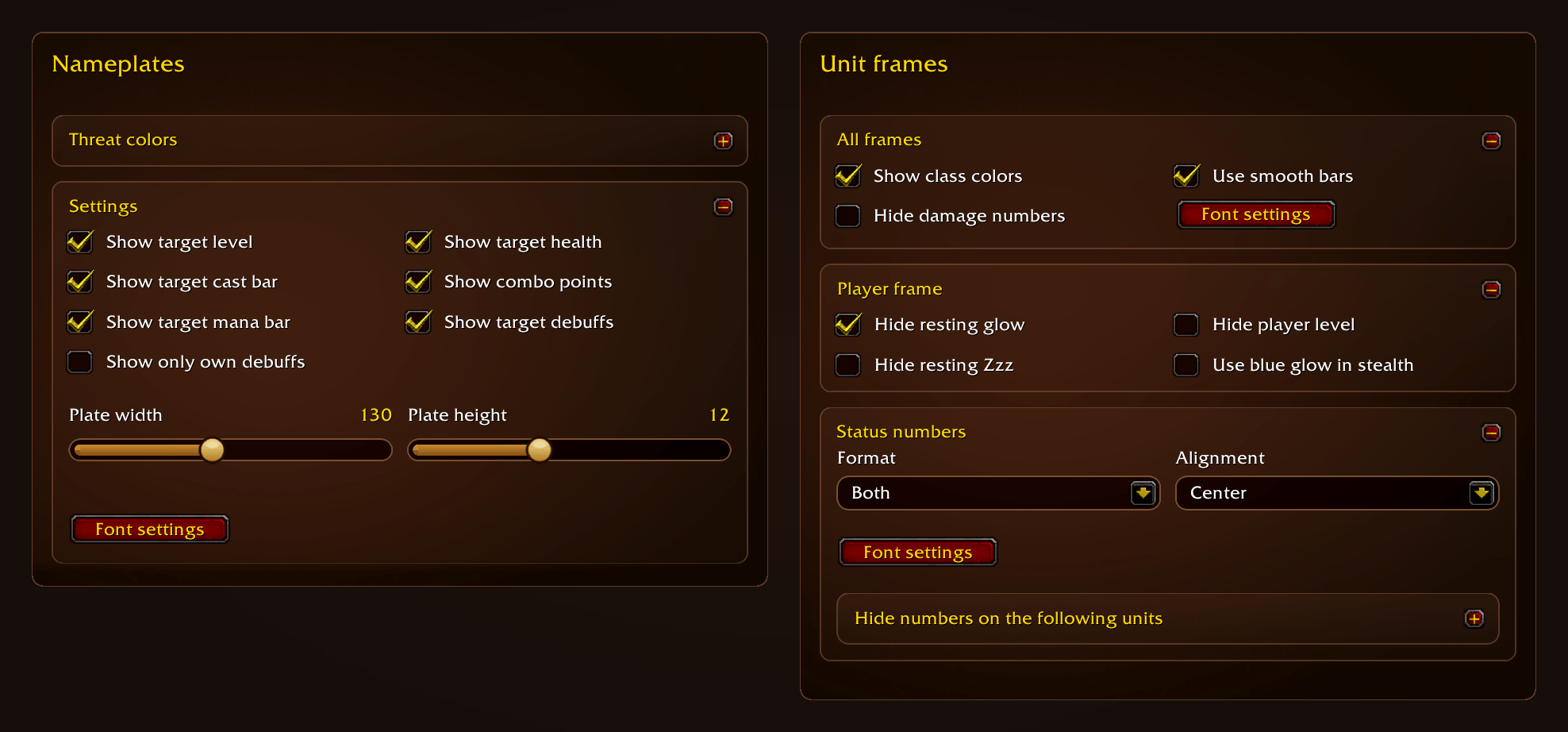 Nameplates and Unit frames options