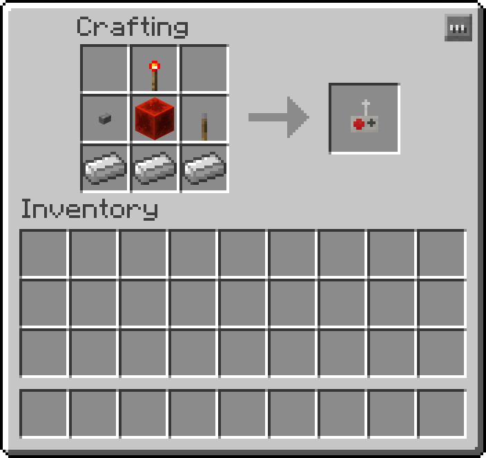 Thumbnail Consisting of:
1 Redstone Torch
1 Stone Button
1 Redstone Block
1 Lever
3 Iron Ingots